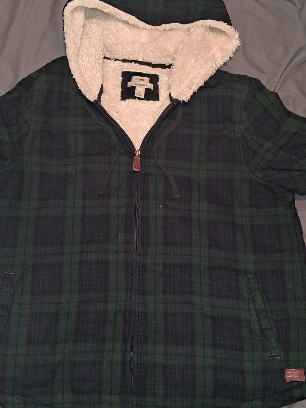 L.L. Bean Men’s Green & Navy Plaid Sherpa-Lined Hooded Jacket